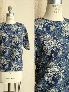 Vintage 1990s Blouse, Norton McNaughton Blue And White Floral Print Top, Keyhole